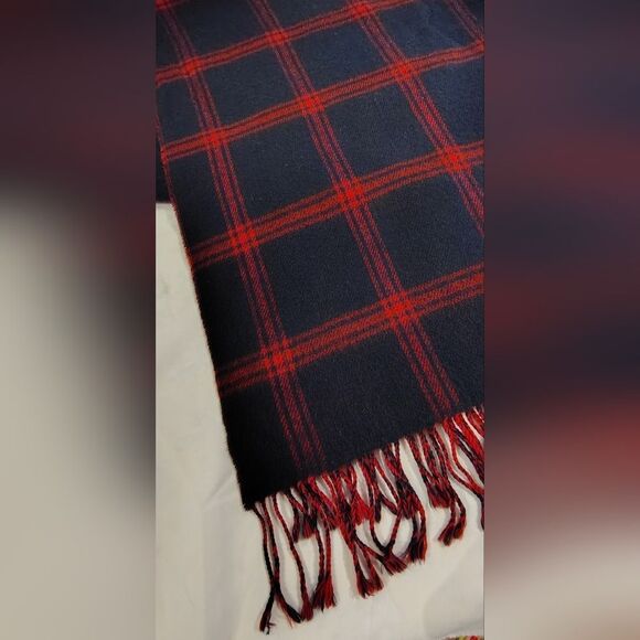 Vintage Wool Navy & Red Plaid Men's Fringe Scarf  Unisex Womens - Picture 4 of 14